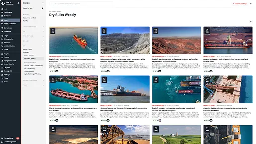 Dashboard showing weekly dry bulk shipping market insights with images of cargo ships and ports.