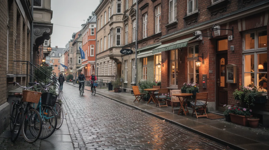 Billedet viser en hyggelig gade i et københavnsk kvarter, fyldt med cykler og små caféer, hvor de historiske bygninger bidrager til den charmerende atmosfære. Dette populære område i centrale København byder på gode muligheder for lejeboliger, hvilket gør det attraktivt for mange lejere.