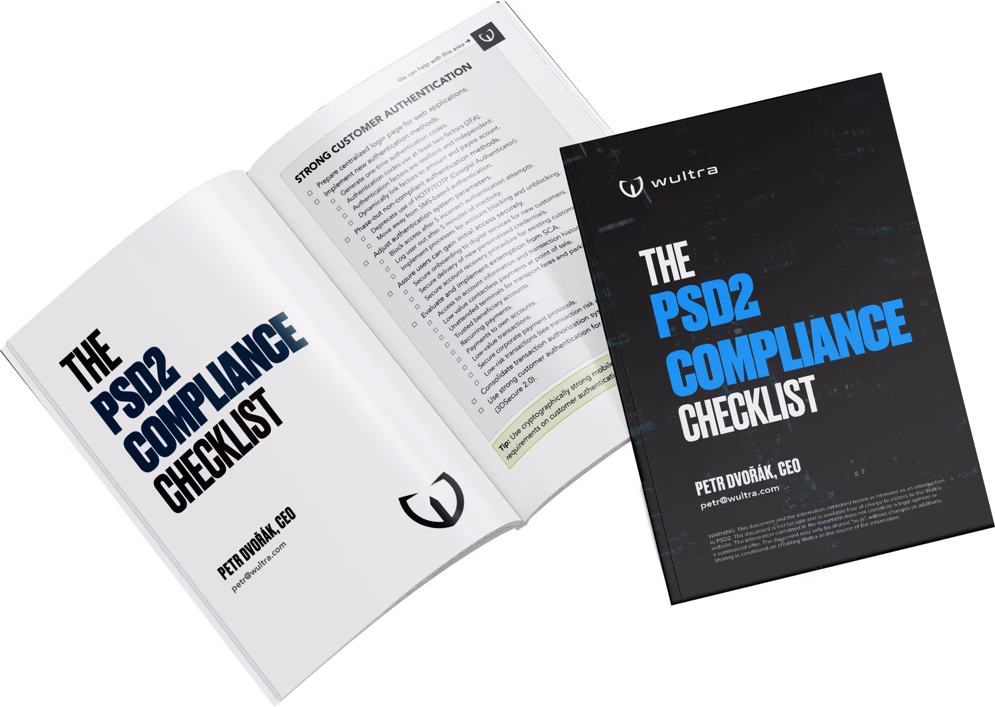 PSD2 Compliance Checklist book by Peter Vodicka, CEO of Wultra, displayed open on a white background.