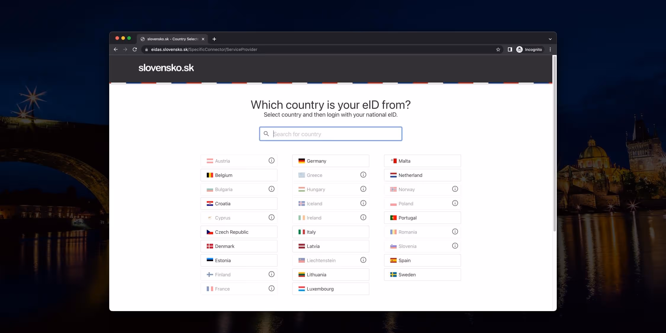 Website screenshot from the eIDAS portal, background with the city of Prague at night