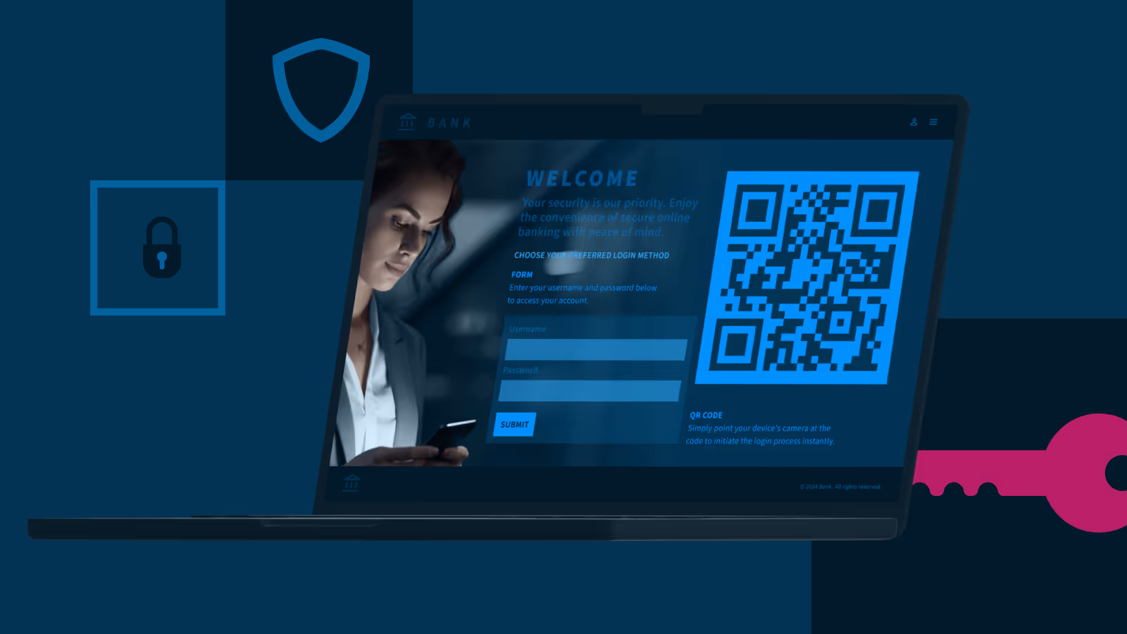 Laptop showing a login page and a QR code , blue background with icons of key and lock.