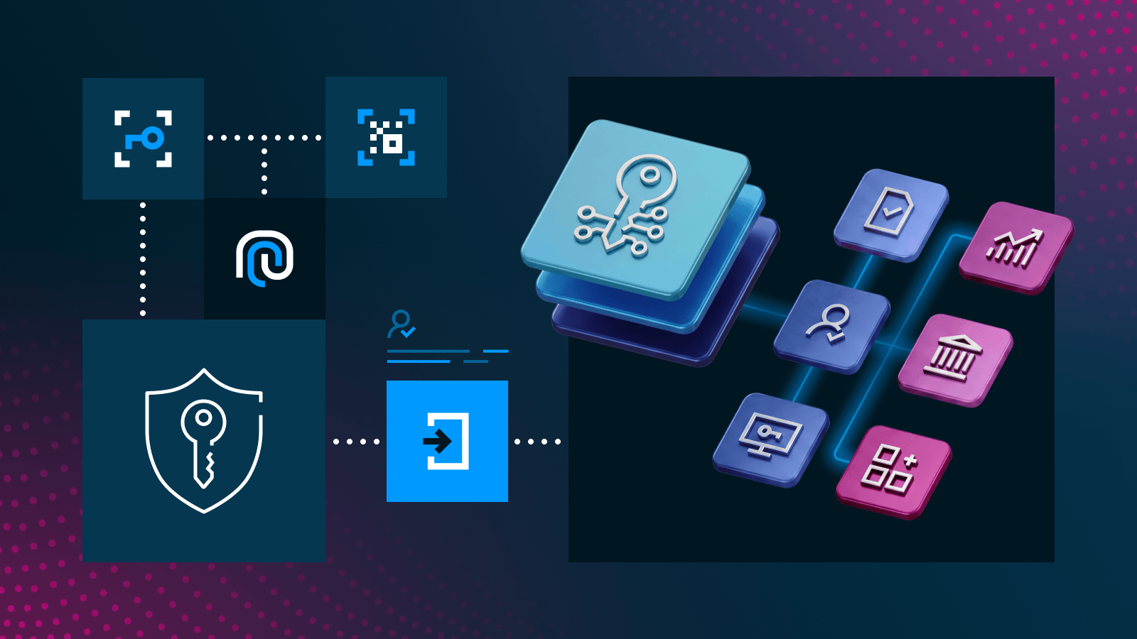 Illustration of a single sign-on (SSO) authentication flow enabling secure access across mobile banking, online banking, and connected financial applications through a centralized identity service.
