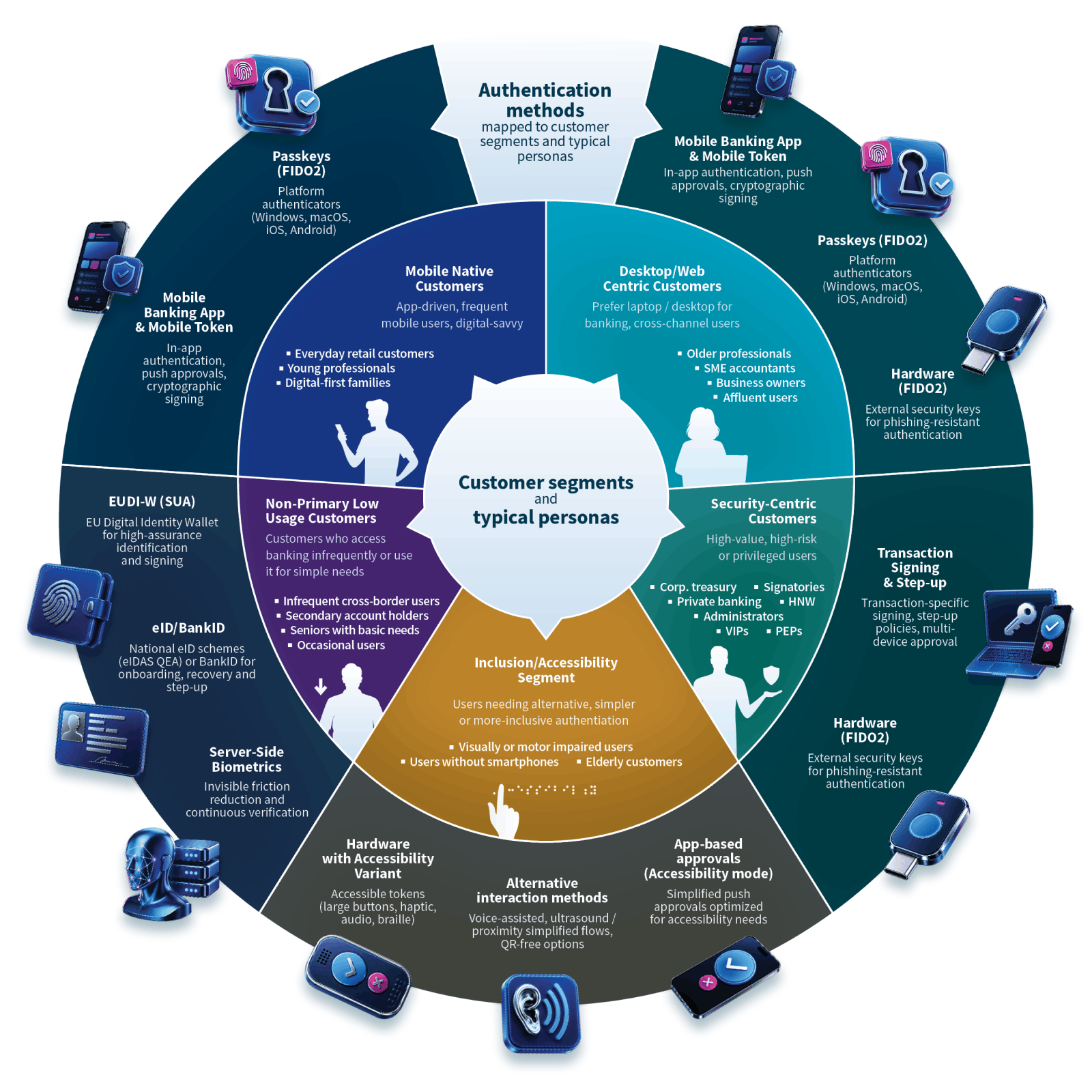 Circular framework mapping banking customer segments and typical personas to suitable authentication methods, including mobile authentication, passkeys, hardware keys, biometrics, and accessible alternatives.