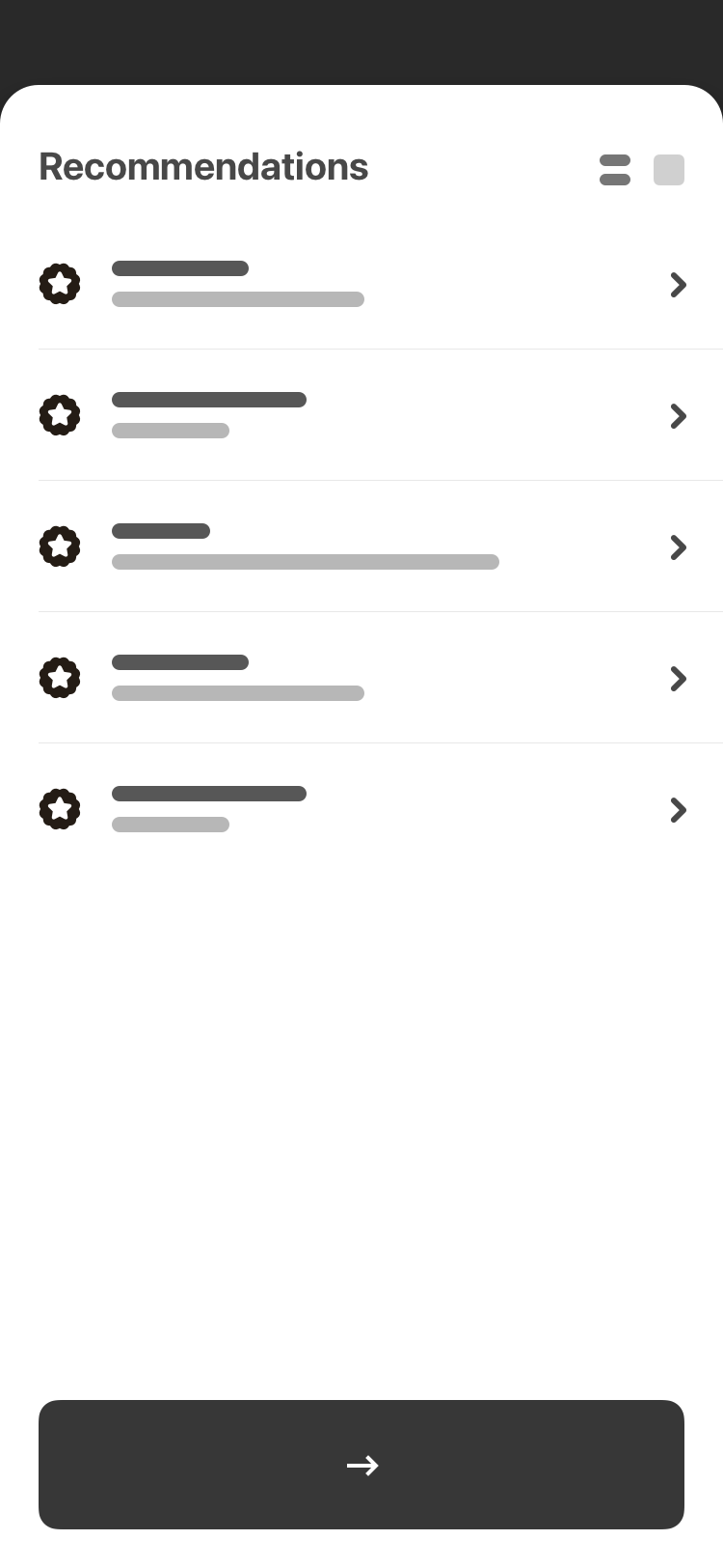 A high fidelity wireframe of a Recommendations bottom sheet for a mobile application