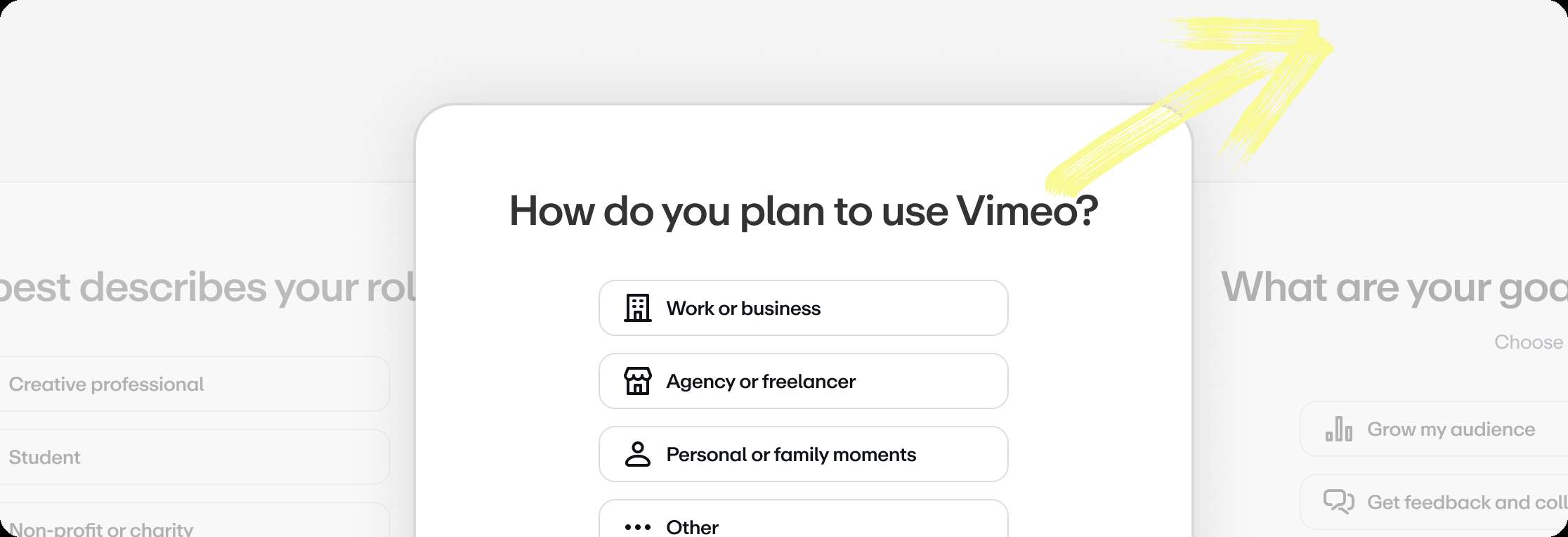 Customer profiling step in the Vimeo registration flow