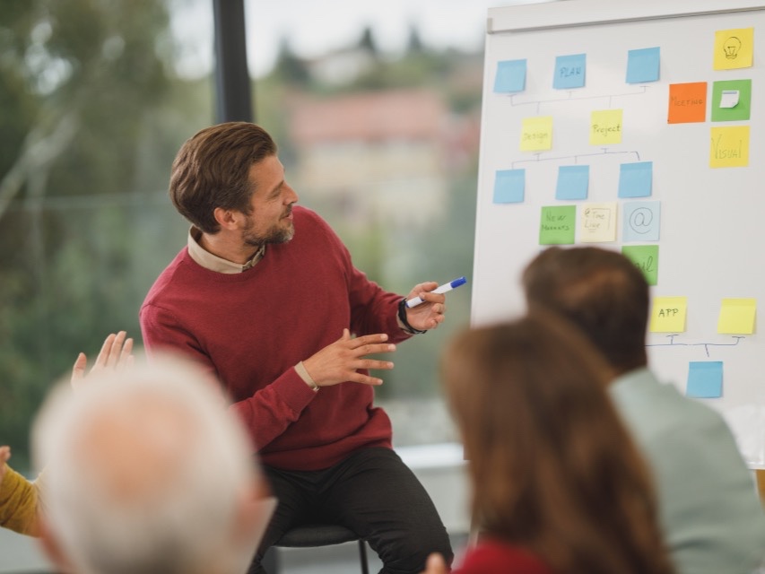 Facilitador guiando una sesión de trabajo con un equipo directivo