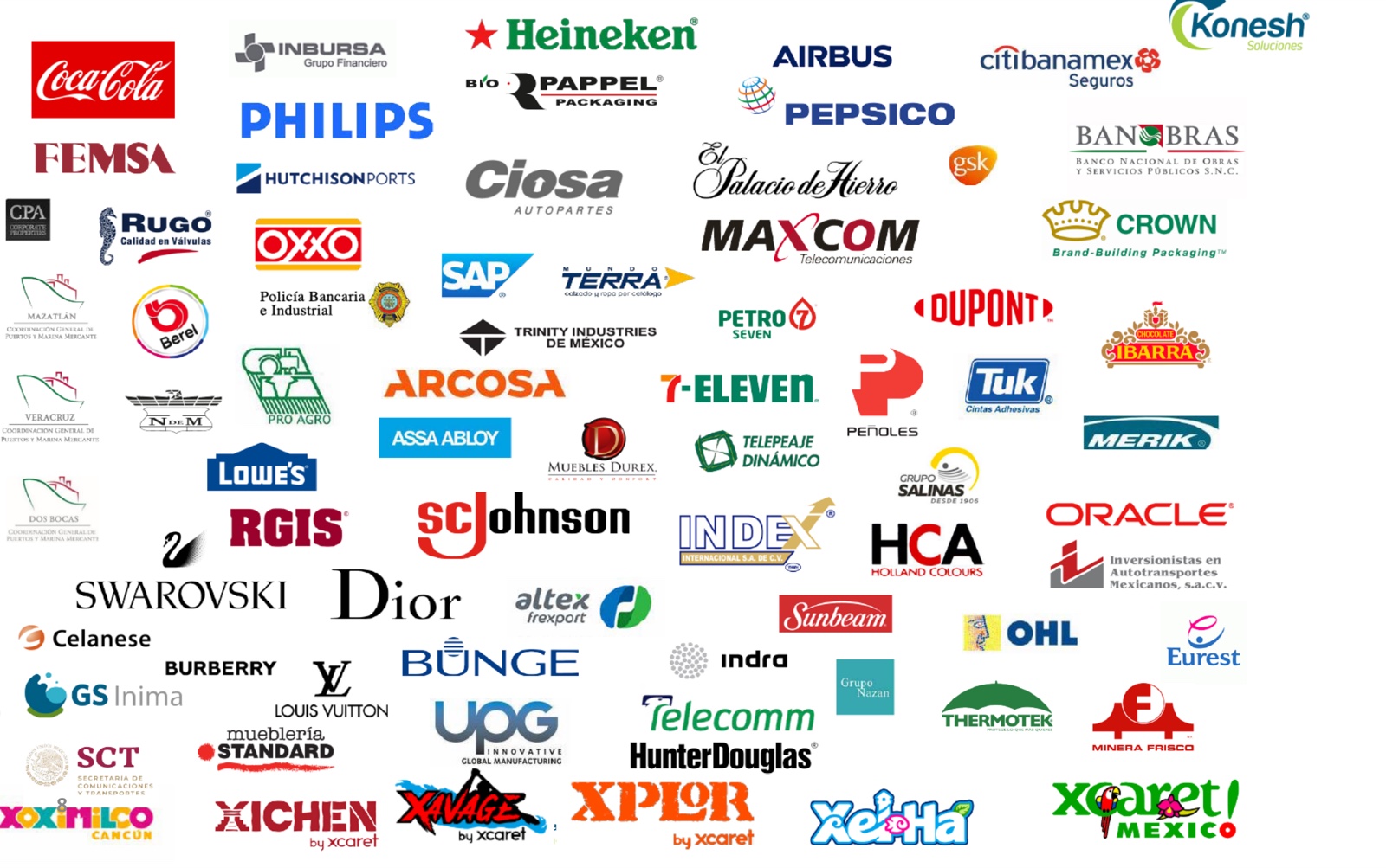 Marcas de organizaciones cliente de Konesh, entre ellas Coca-Cola, Heineken, Airbus, PepsiCo, Philips, FEMSA, Oracle y Grupo Xcaret
