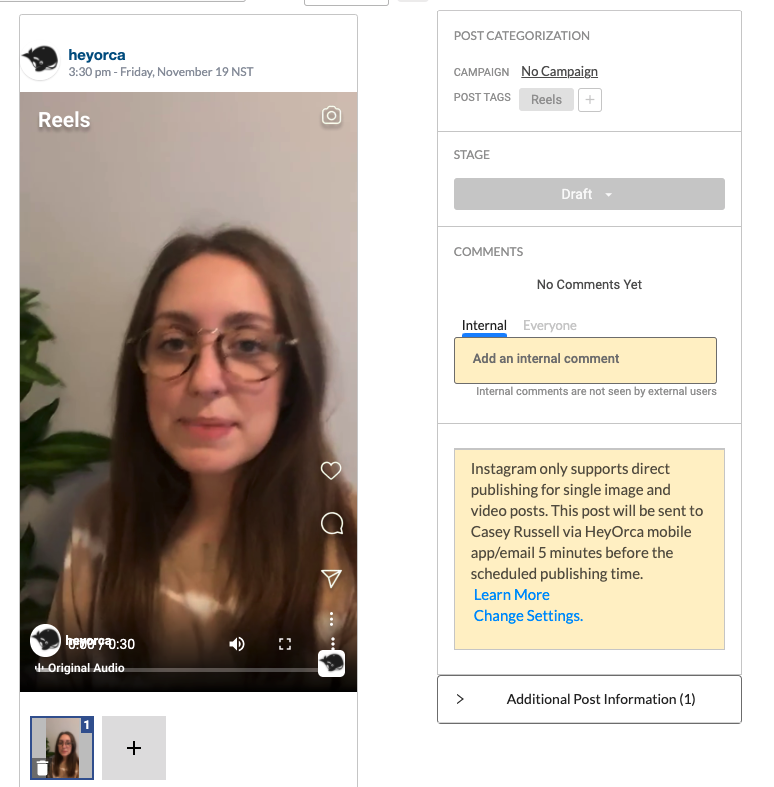 Post editor within HeyOrca that displays the Instagram Reels functionality including showing the video