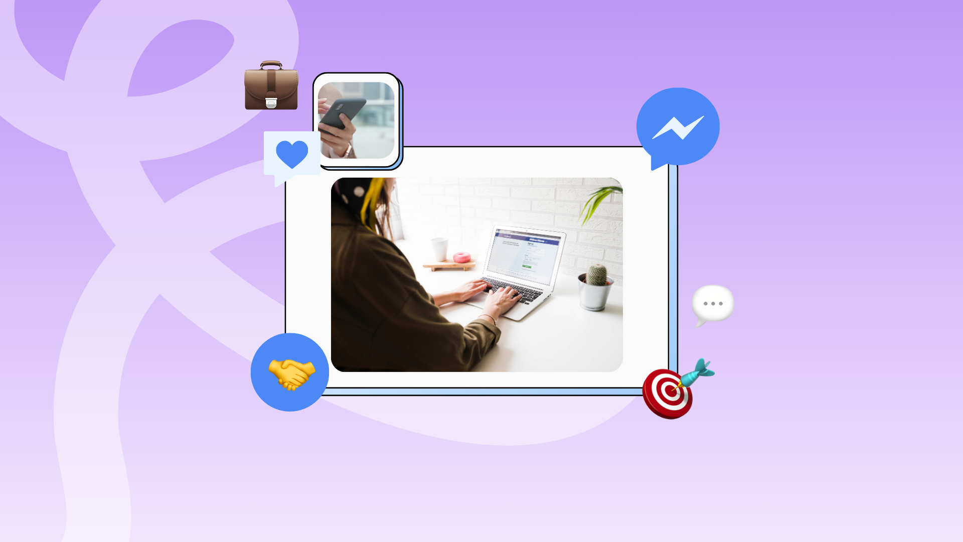 Person using Facebook on a laptop surrounded by social media icons overlayed on a purple gradient background.