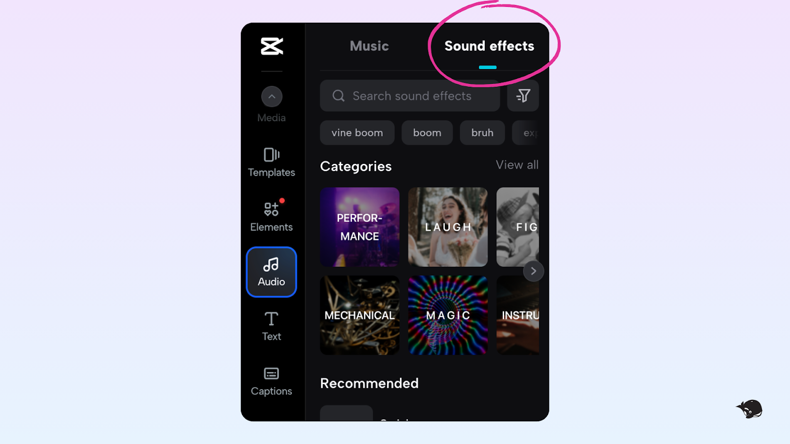 CapCut's "Sound effects" feature appears at the top of the "Audio" modal, circled by a pink circle. 