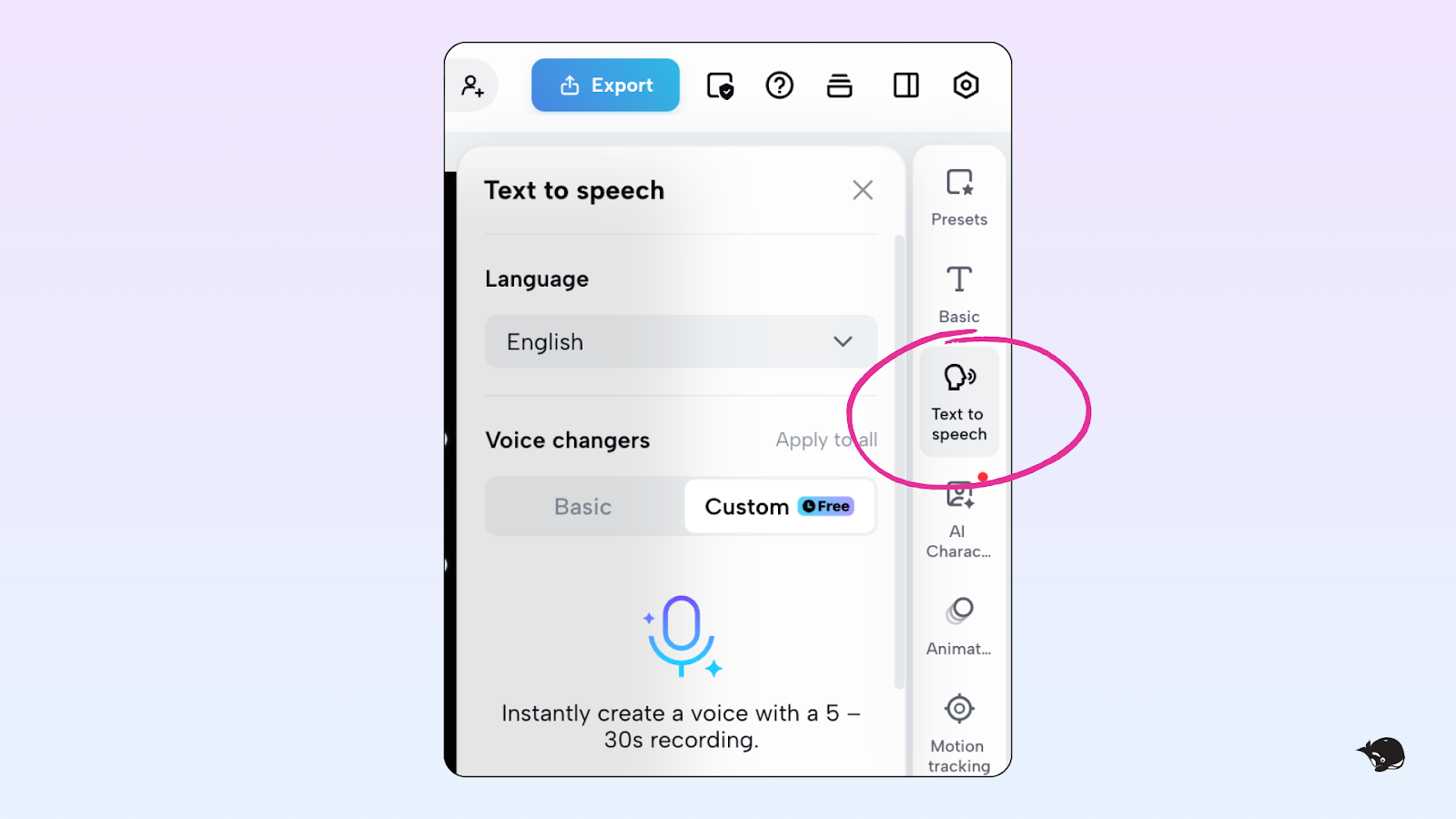 CapCut's "Text to speech" feature on the right of the editing screen circled by a pink circle. 