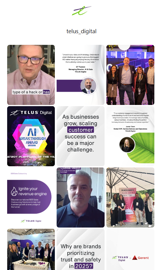 Screenshot of Telus Digital's Instagram bio link page shows 12 Instagram feed images, including promotional graphics, stills of talking-head videos, and groups of people smiling while posed for photos.. 