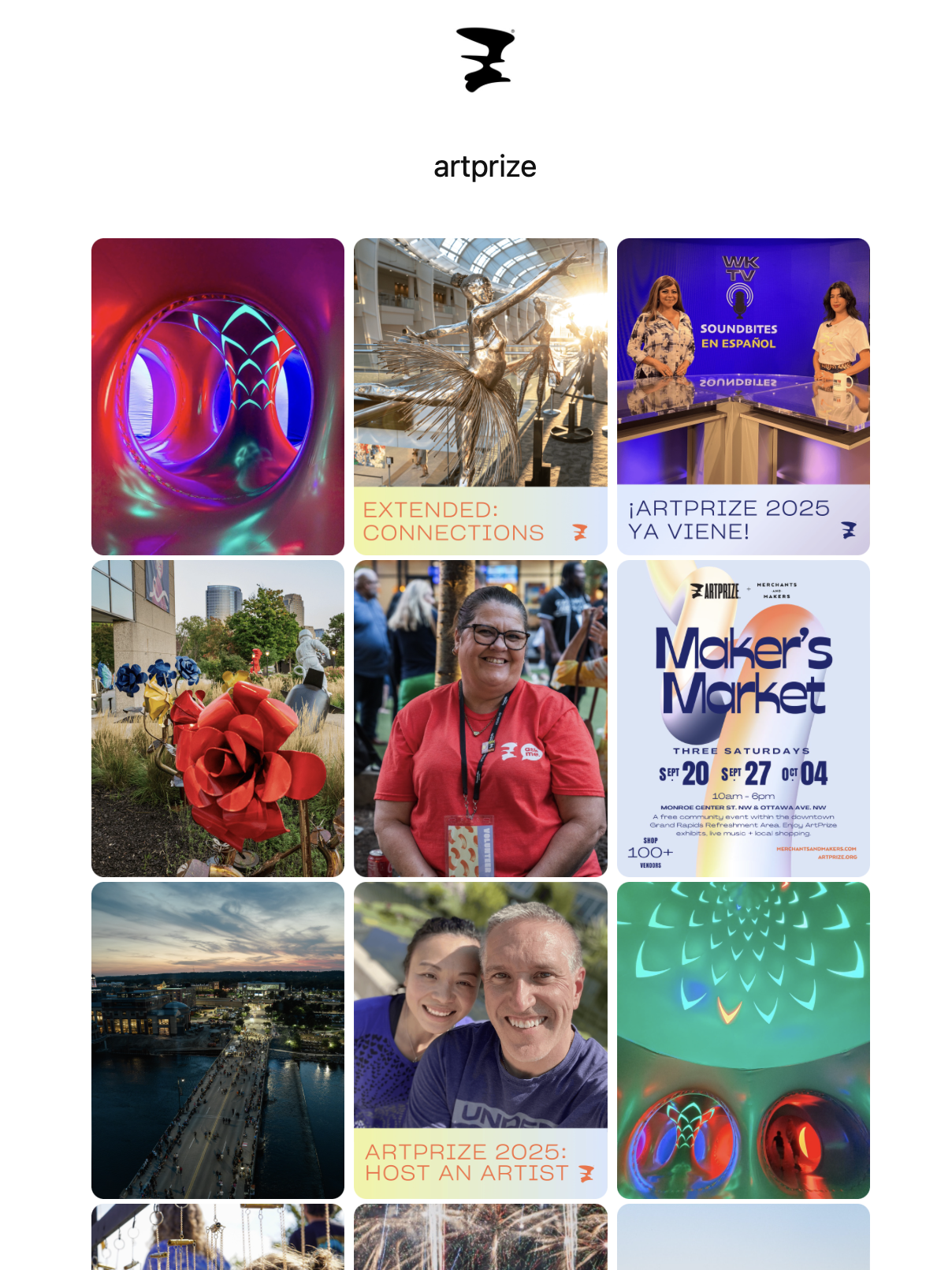 Screenshot of ArtPrize's Instagram bio link page shows 9 Instagram feed images, including promotional graphics, photos of colourful sculptures, and people smiling.