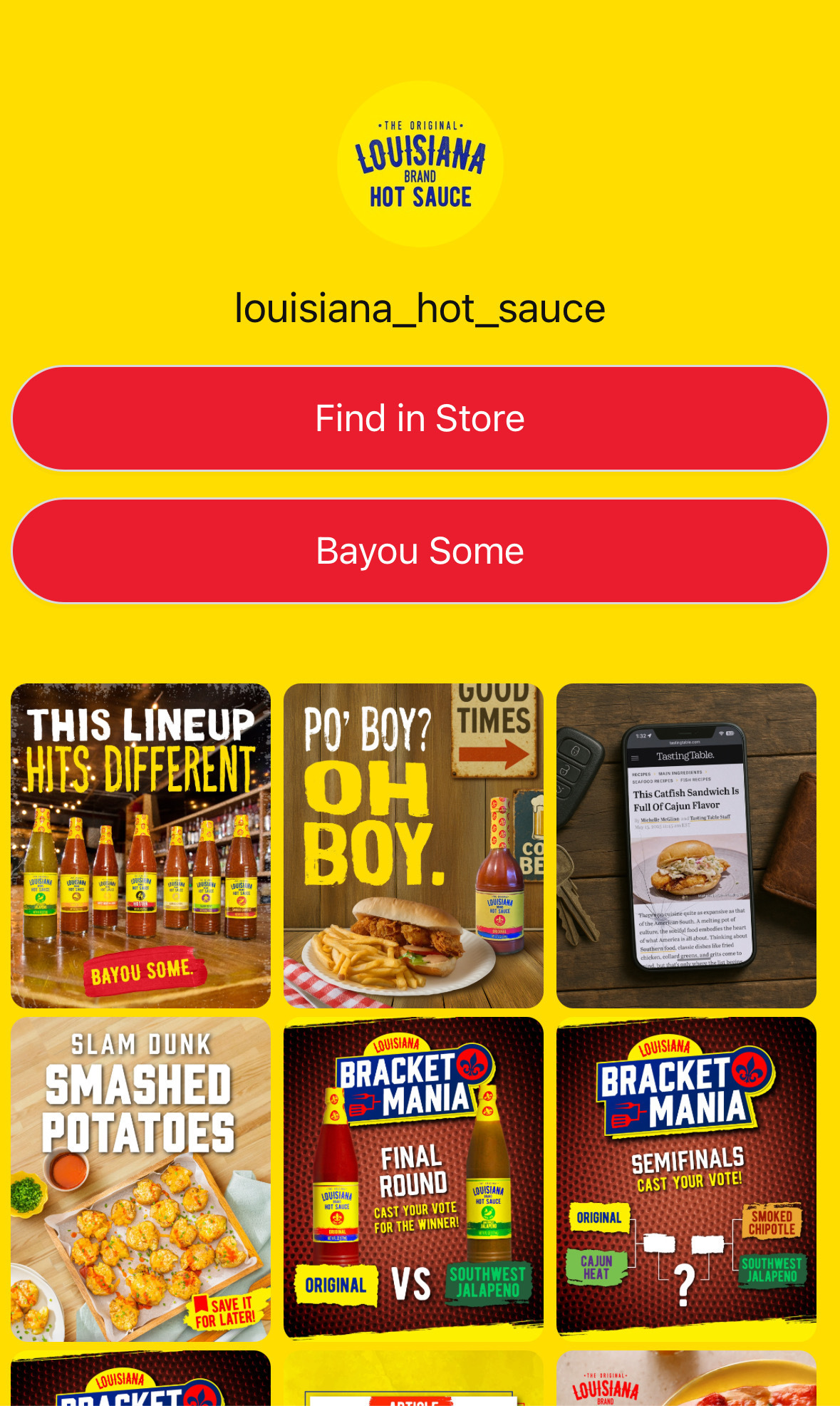 Screenshot of Louisiana Hot Sauce's Instagram bio link page shows bright yellow background, 2 bright red CTA buttons, and 6 Instagram feed images depicting hot sauce.