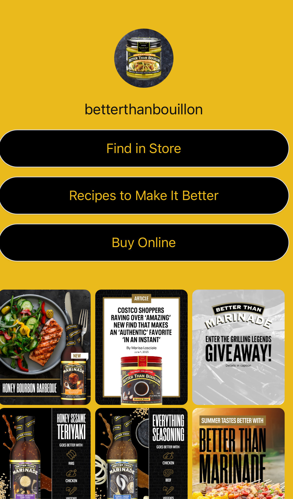 Screenshot of Better Than Bouillon's Instagram bio link page shows mustard-yellow background with 3 black CTA buttons, and 6 Instagram feed promotional graphics.