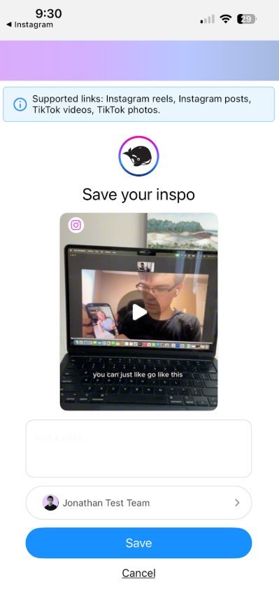 A screenshot of our upcoming Inspiration Library feature, featuring Jonathan saving a video from Instagram to the HeyOrca mobile app