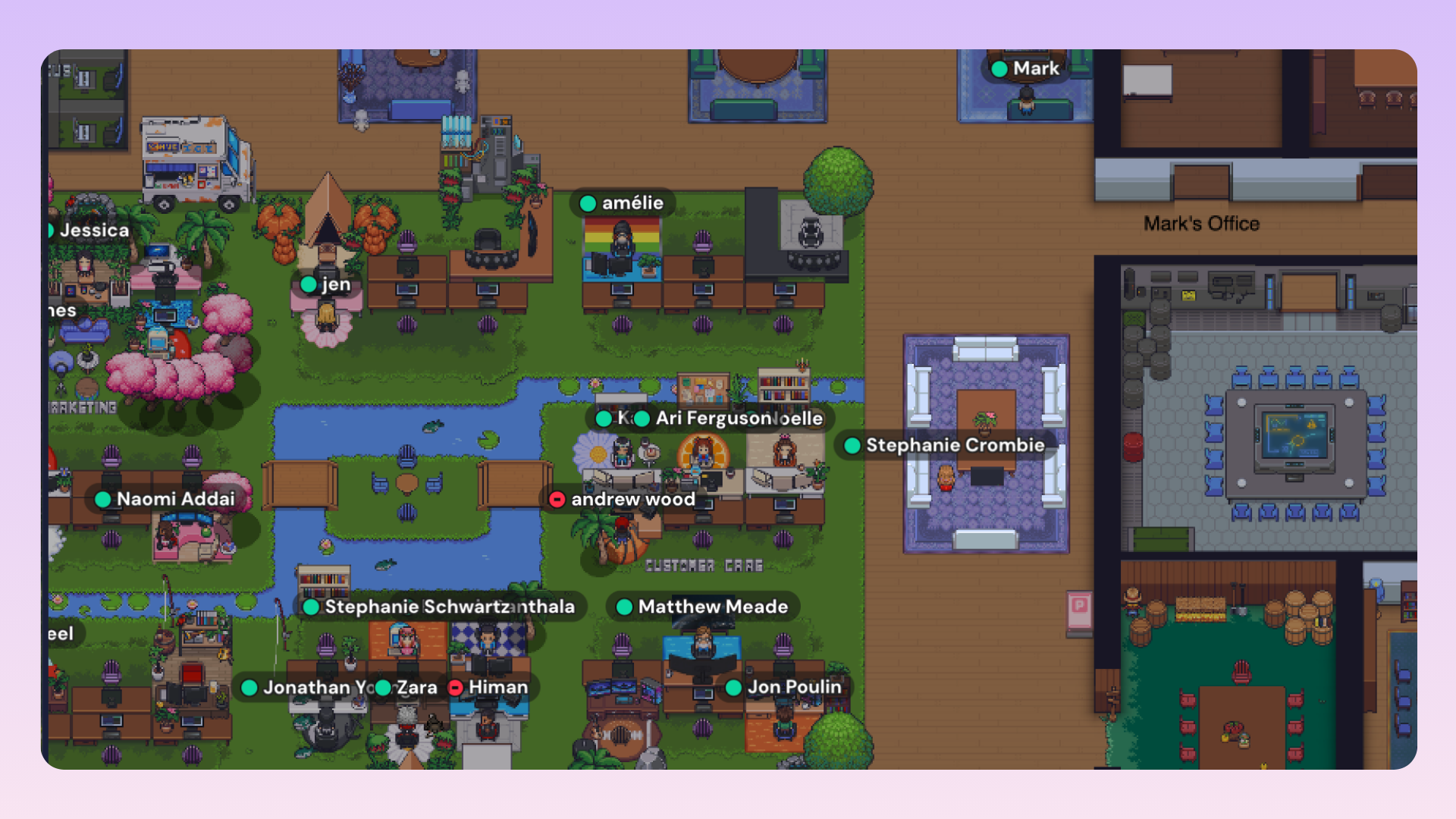 HeyOrcas Gathertown virtual office shows several decorated desks, a river and breakout rooms spaces