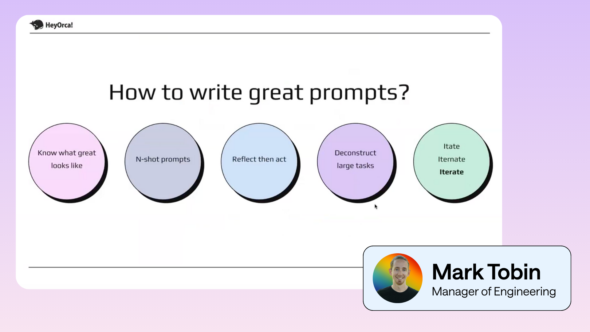 Marks slide shows five tips for how to write great prompts, including "Know what great looks like."