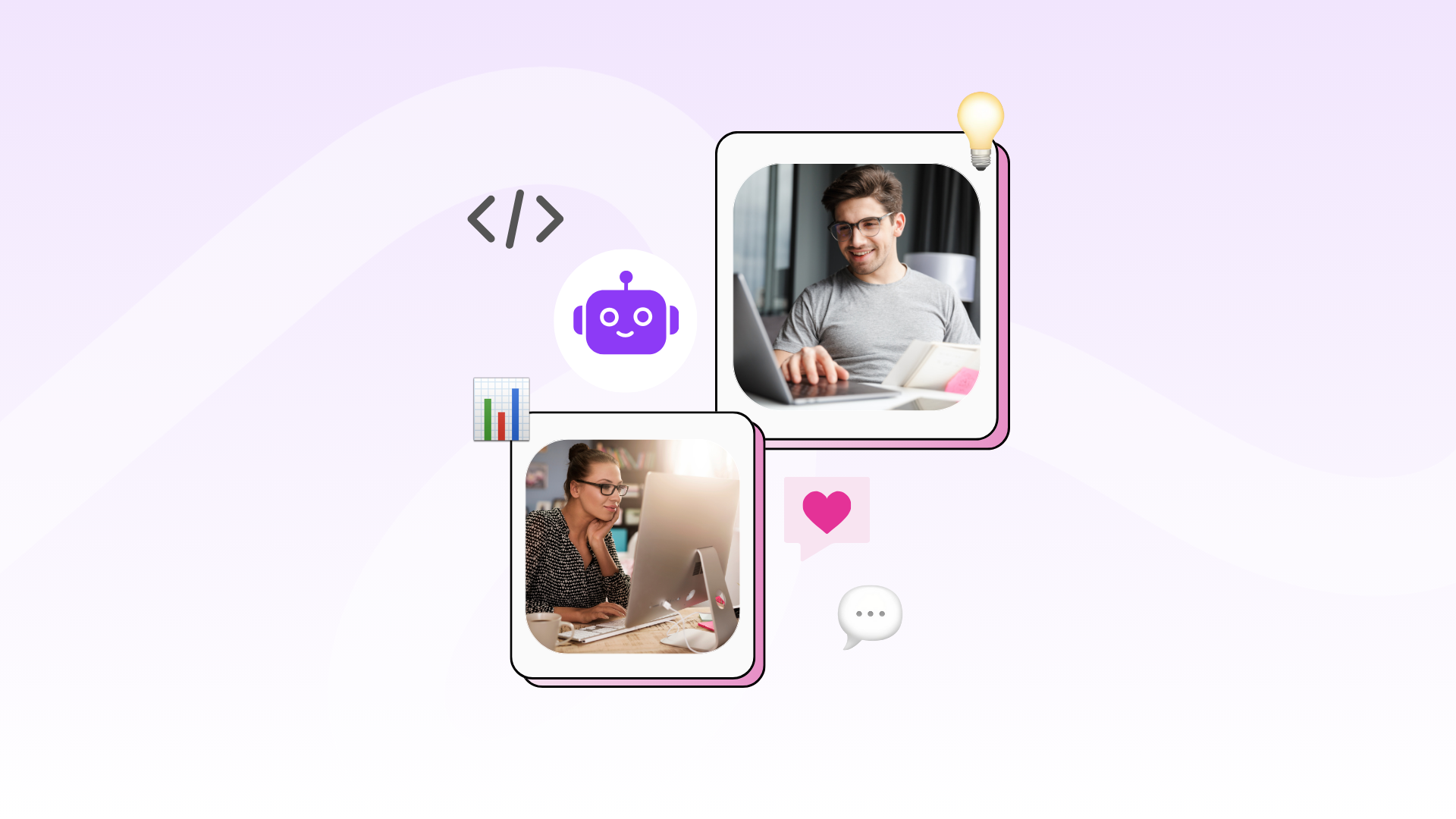 Collage featuring people working on computers surrounded by social media emojis including a purple robot overlaid on a light purple background.