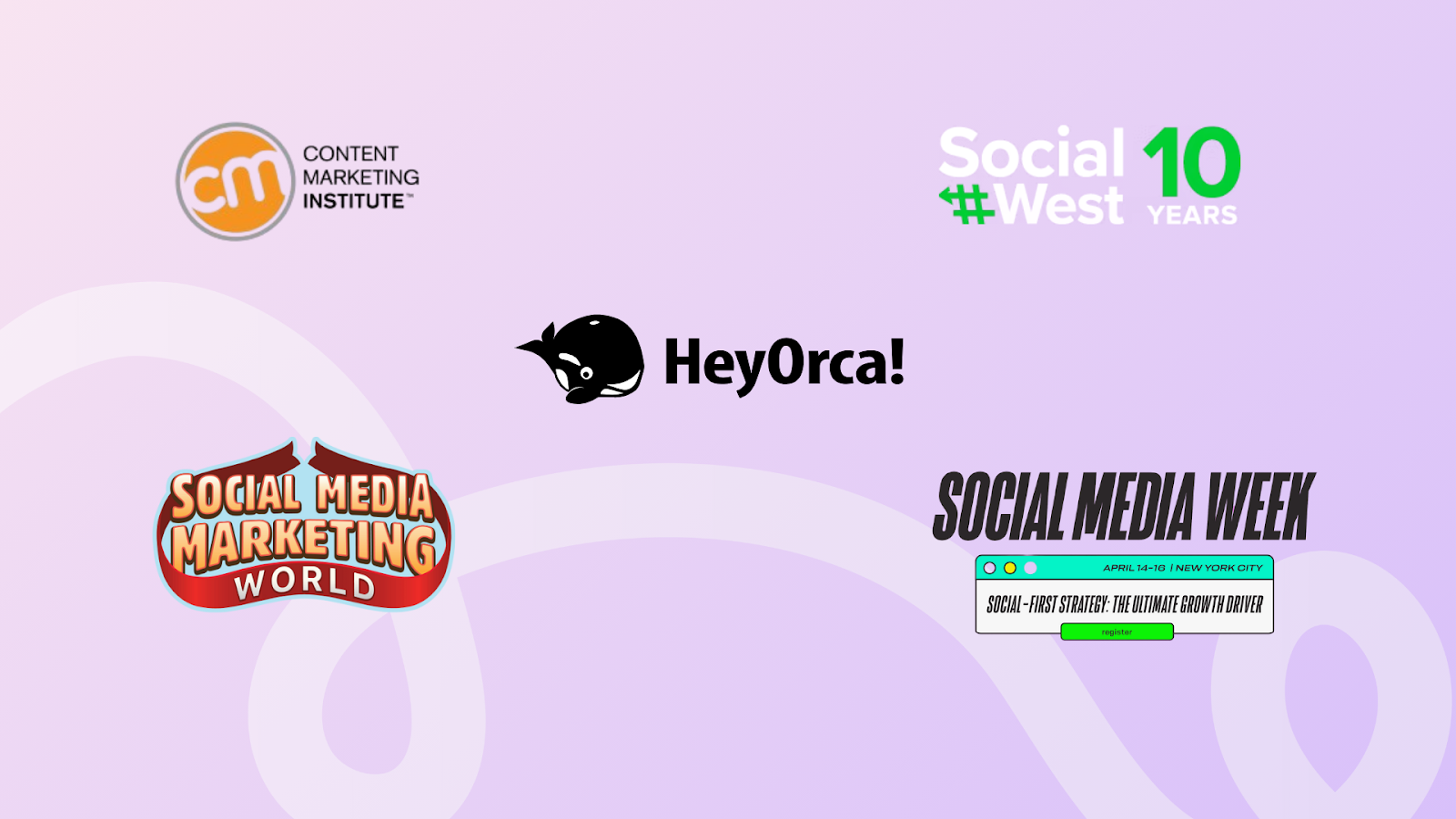 Graphic displaying logos for top social media conferences in 2026, including Social Media Week, HeyOrca Community Summit, Social Media Marketing World, SocialWest, and Content Marketing World