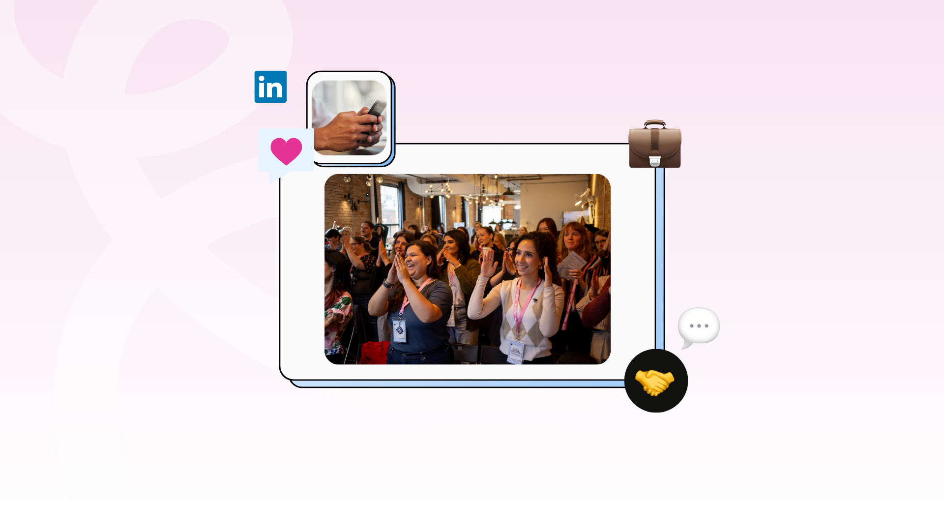 Collage of crowd clapping and smiling surrounded by social media icons and emojis overlaid on a light pink background