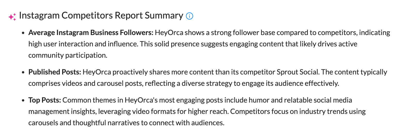  A summary report on Instagram competitors, featuring key sections on average follower counts, content publication strategies, and popular themes in social media management.