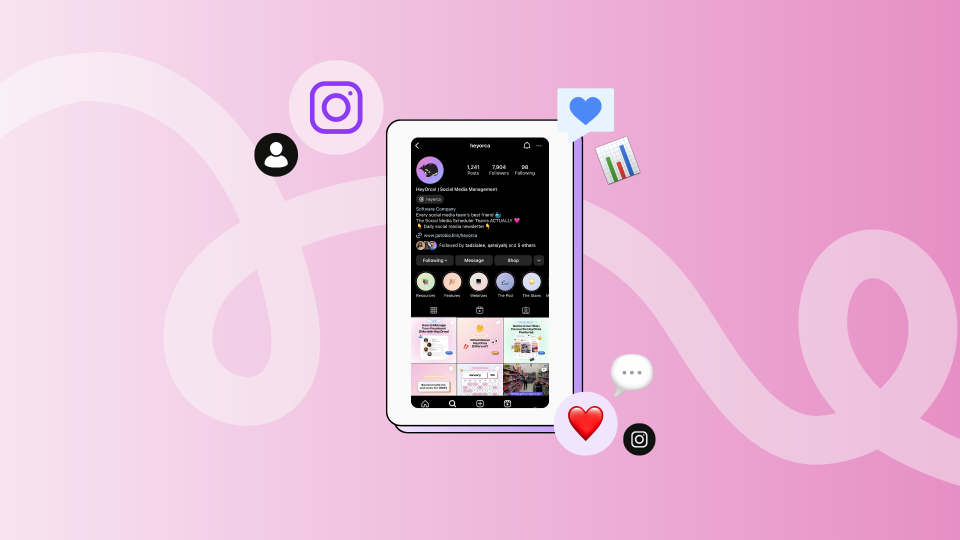 Image of a tablet displaying an Instagram profile page on a pink background. Various icons representing social media interactions, such as likes and comments, are positioned around the tablet.