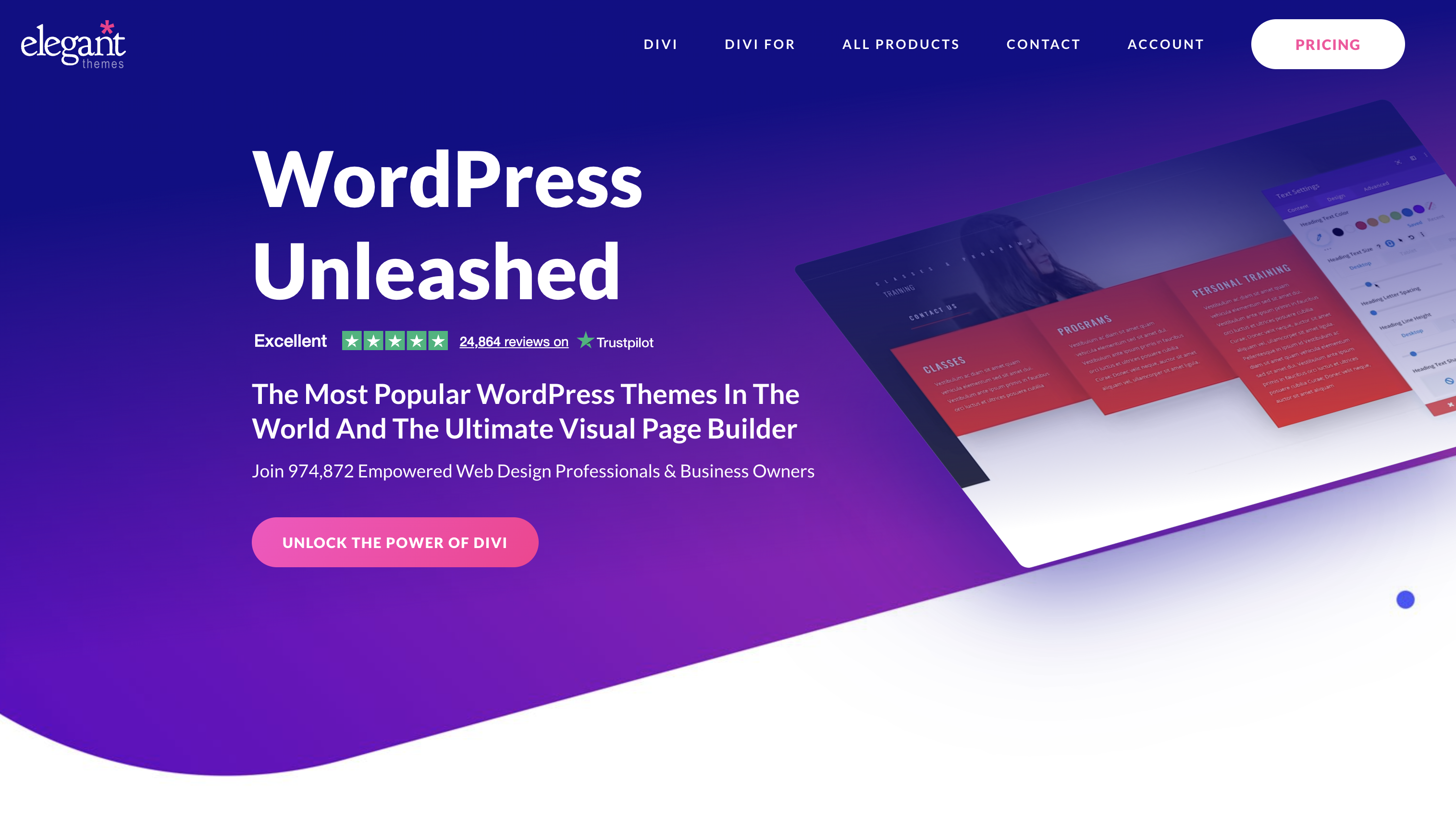 A promotional webpage for a WordPress theme called "WordPress Unleashed." The design features vibrant colours and showcases the theme's capabilities, with testimonials emphasizing its popularity. A button invites users to "Unlock the Power of DIVI."