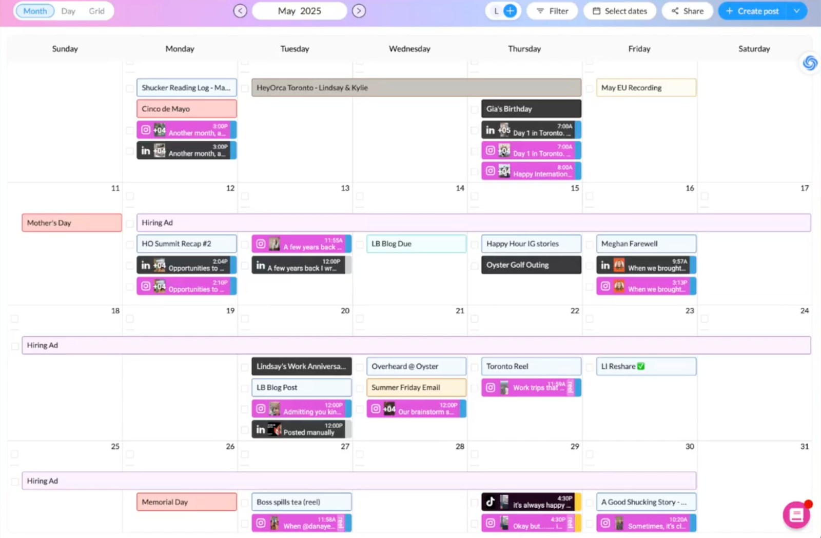A screenshot of a HeyOrca social media calendar in the monthly view, showing scheduled, in-progress, and published social media posts.