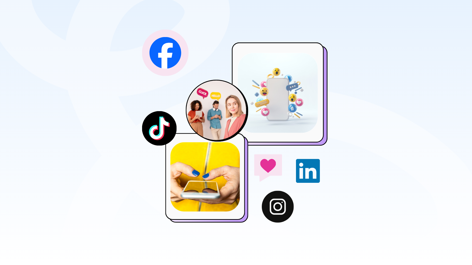 A collection of social media icons, including Facebook, TikTok, LinkedIn, and Instagram, is displayed against a light blue background. In the centre, there are images of people engaging with smartphones and colourful icons representing various social media elements.