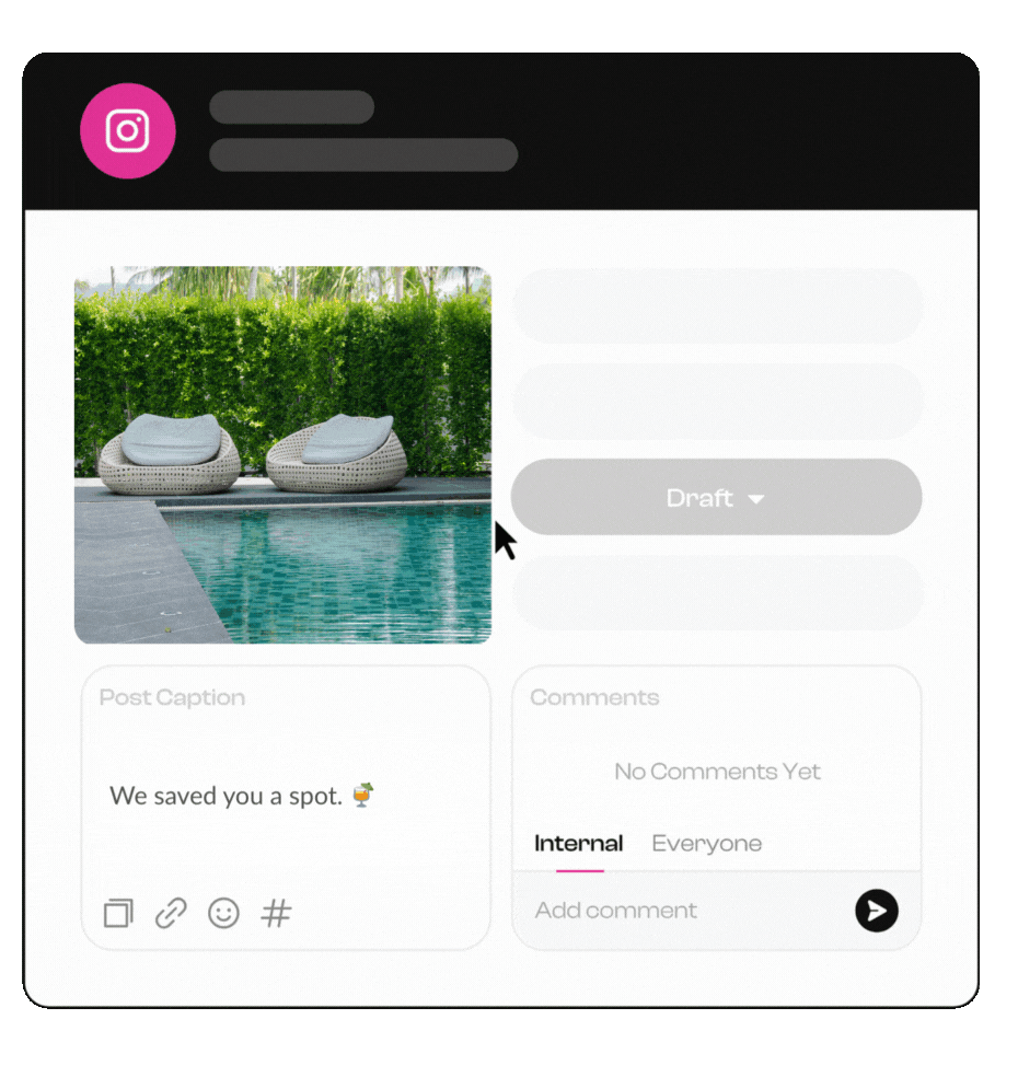  Image of a social media interface showing an Instagram post with options: draft, revise, awaiting approval, and approved. Sections for comments and options are visible on the side.