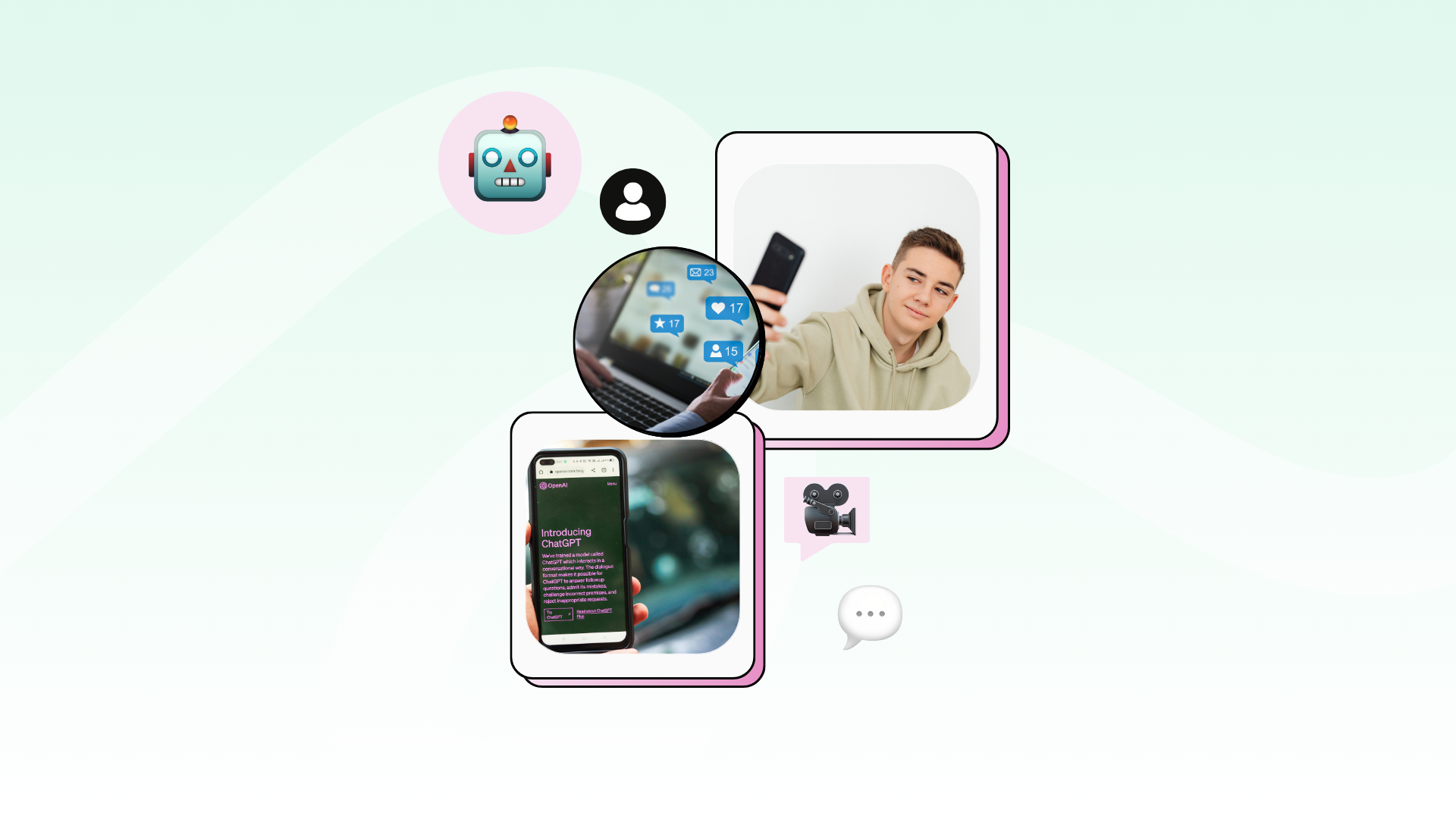 A digital collage featuring a young man holding a smartphone, surrounded by chat bubbles and icons related to messaging. There is an abstract background with soft colours, enhancing the theme of digital communication and AI.