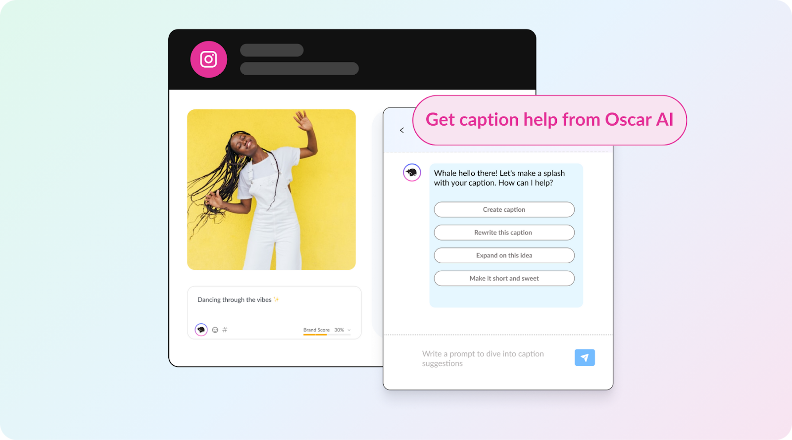  A woman in a white outfit dances joyfully. On the right, a user interface for caption assistance shows options for writing captions, including "Describe this caption" and "Make it more engaging."