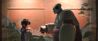 A young boy and a large, friendly robot from Big Hero 6 interact in a setting with an artistic backdrop featuring waves and trees. The boy looks up at the robot, who extends a hand in a gesture of encouragement.