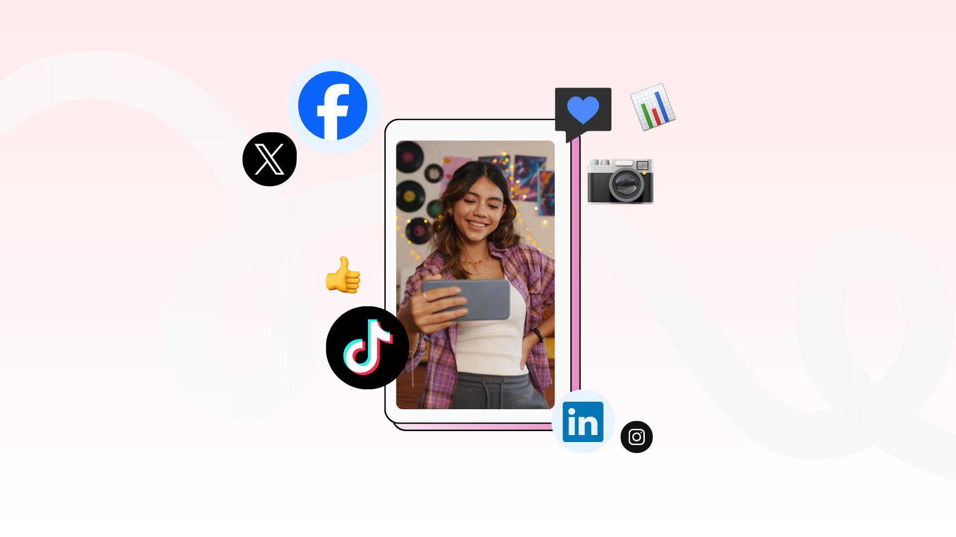 A person smiling while holding a smartphone, surrounded by various social media icons such as Facebook, TikTok, and LinkedIn. The background features colourful decor and soft pink tones.