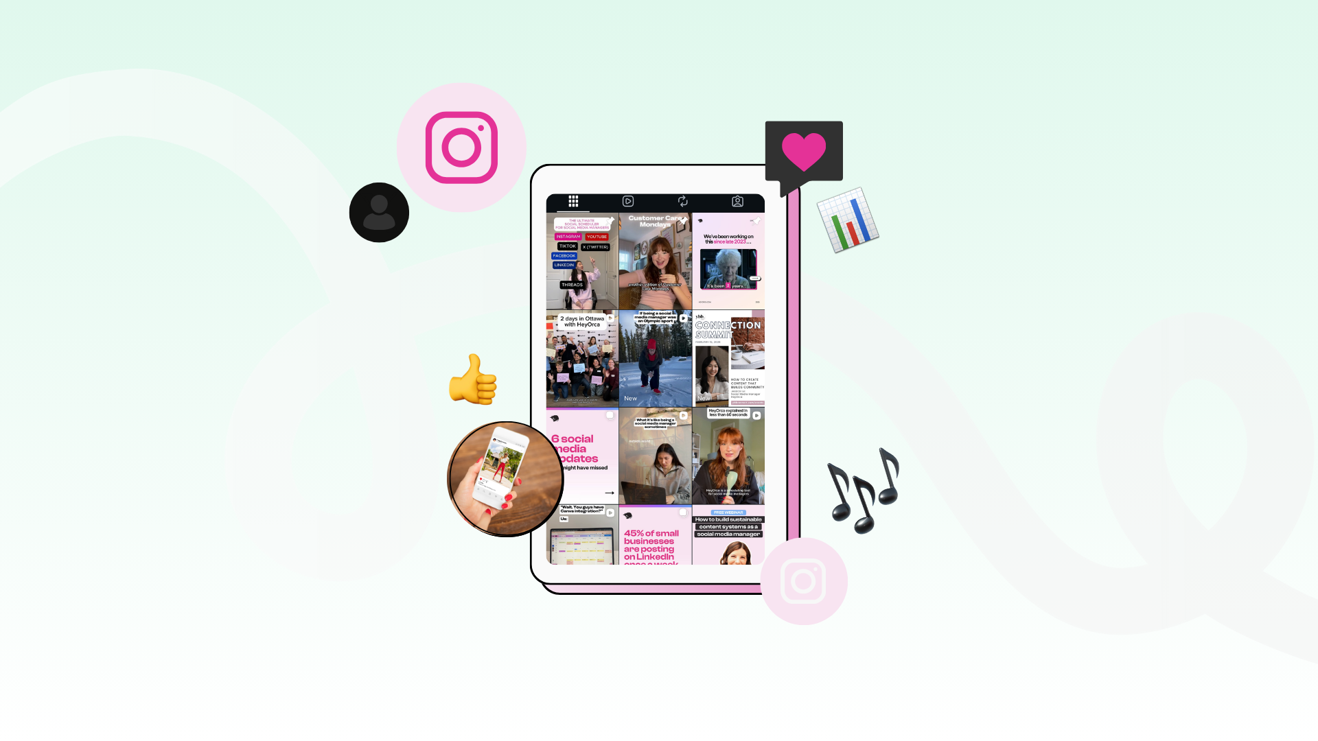An illustration featuring a phone displaying various social media feeds and content. Surrounding icons represent Instagram, along with engagement symbols such as likes and music notes. The background is a soft gradient from light green to white.