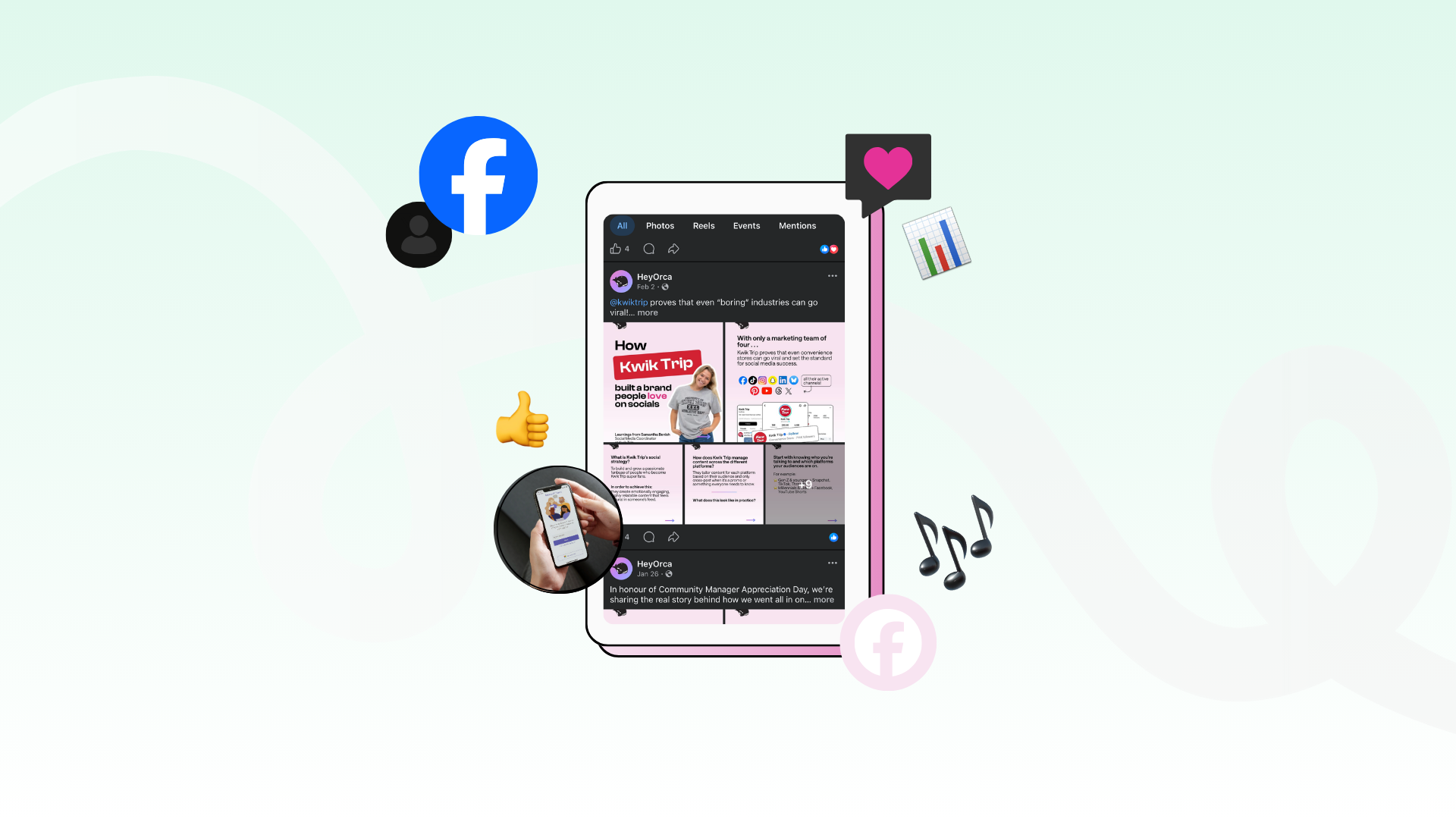 An illustration of a phone displaying a social media interface, featuring posts and icons for Facebook. Surrounding the phone are various symbols representing likes, analytics, and music notes, set against a light green background.