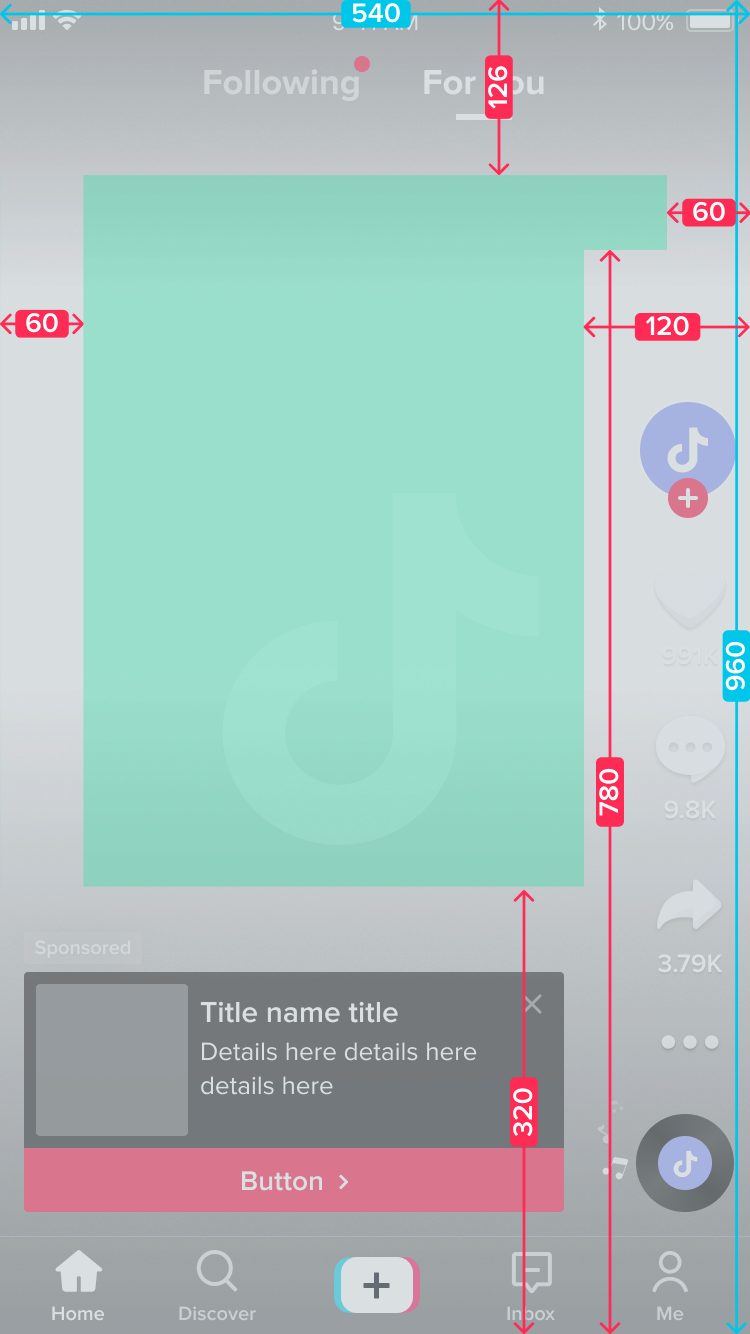 A mobile app interface showing a green blank area in the center, labelled with dimension guides. At the bottom, there is a section for a title and additional details, along with a button. The TikTok logo appears on the right side of the screen, while navigation options are visible at the bottom.