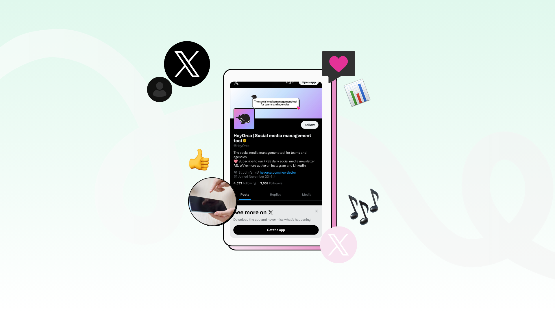 A digital illustration featuring a smartphone displaying a social media profile on X/Twitter. Surrounding the phone are various icons, including music notes, a like symbol, and analytics graphs. The background features a soft gradient of light green.