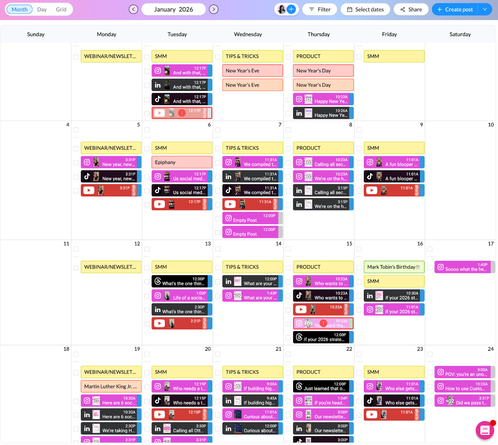 A digital calendar for January 2026 displays various scheduled events organized by colour-coded categories. Each day features multiple entries, including webinars, product launches, and special occasions. The layout shows a week view with days labelled from Sunday to Saturday.