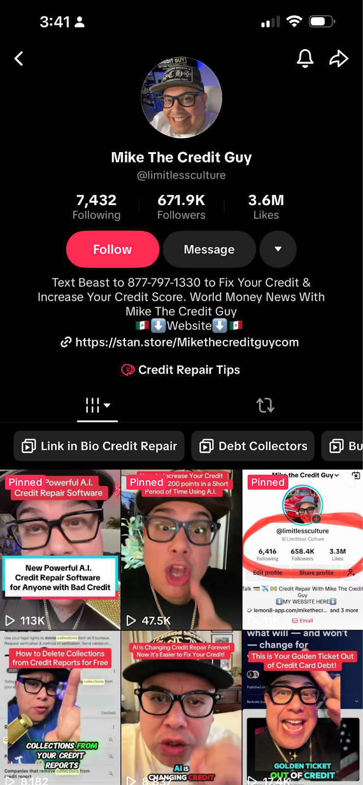 Profile of Mike the Credit Guy on TikTok with follower statistics, promotional information about credit repair services, and tips for improving credit scores. 