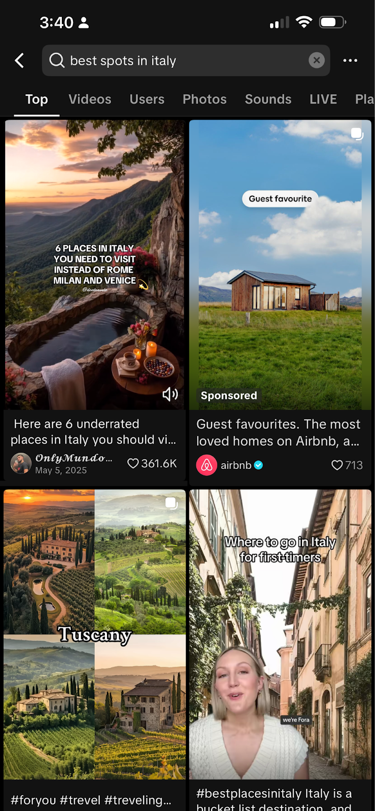 A mobile screen displaying a social media platform with images and text about travel in Italy. 