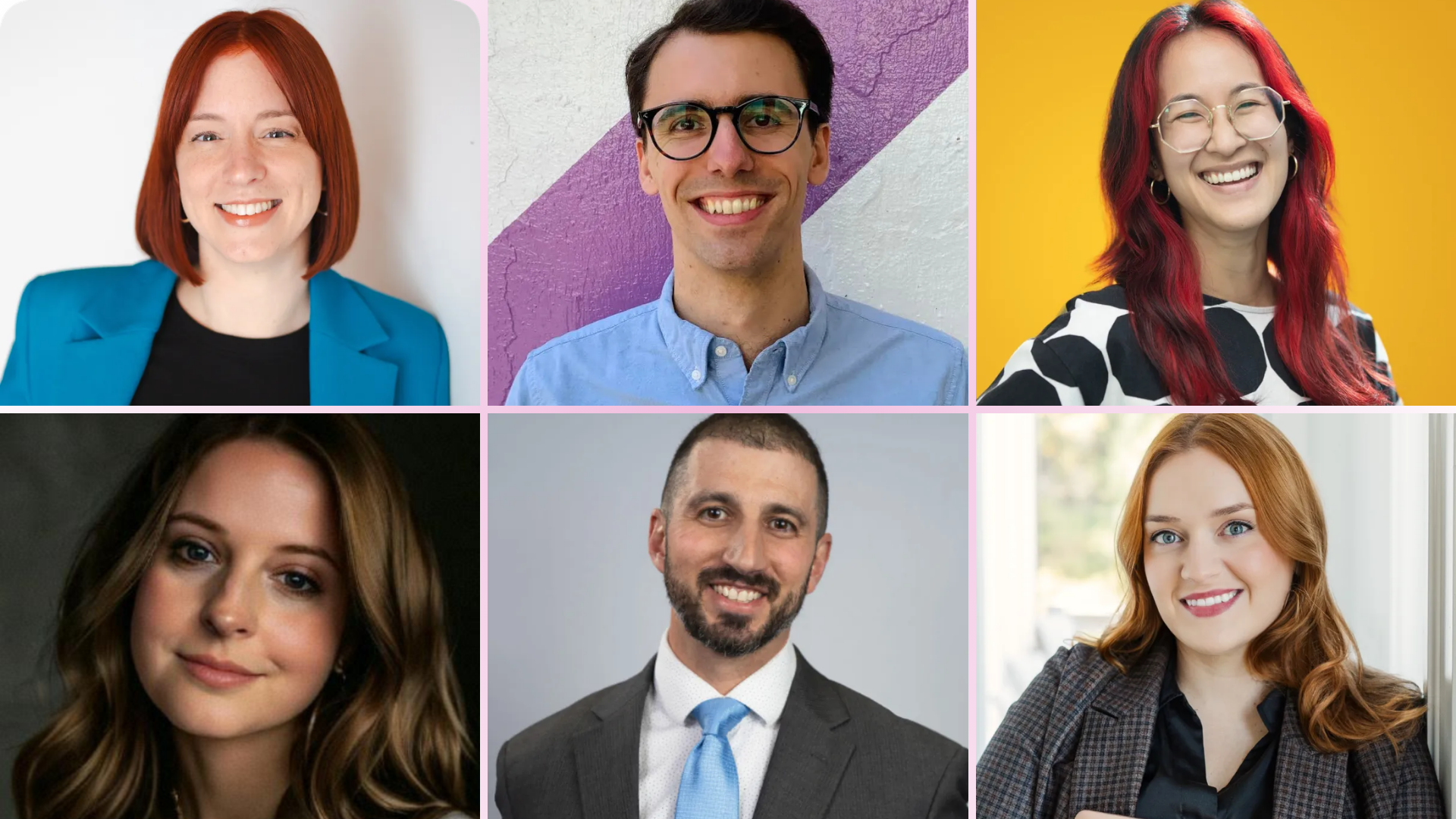 A collage of six headshots. The top row features a woman with red hair and a blue blazer, a man with glasses and a light blue shirt, and a woman with red hair. The bottom row includes a woman with wavy hair, a man in a suit with facial hair, and a woman with long reddish-brown hair.