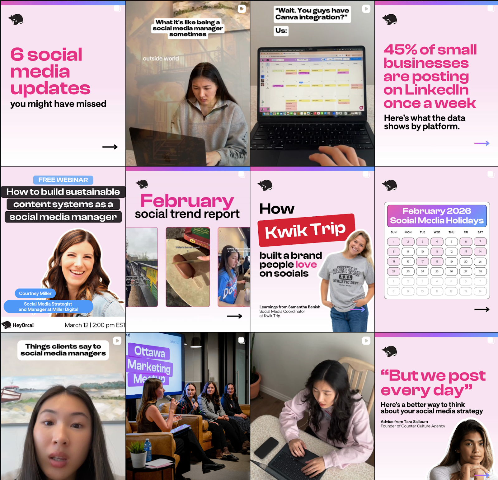 A collage of social media-themed images. The top row features text about social media updates and a graph showing statistics on small business posting habits. The middle row includes promotional content for webinars and reports, along with images of individuals discussing social strategy.