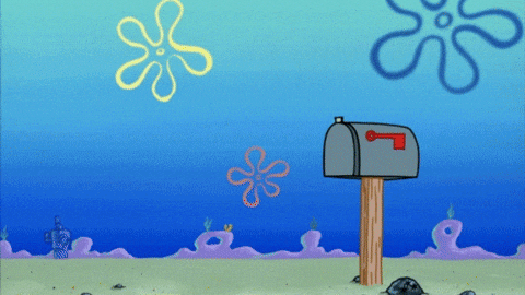 A cartoon scene showcasing an underwater mailbox on a wooden post. The background features blue water and abstract shapes resembling jellyfish, creating a vibrant marine environment.