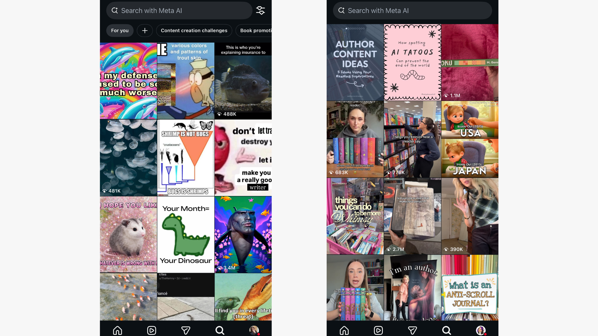 2 different Instagram Explore pages. The left column features a variety of colourful posts, including illustrations, memes, and artistic content. The right column shows posts with text overlays related to authorship and creative ideas, alongside videos and tips for content creation.