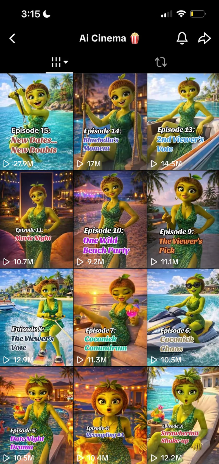 A grid of images featuring a green animated character in various poses and settings. Each image has a different background, including water, tropical scenery, and sunset views. The character appears cheerful and is accompanied by episode titles for an AI-themed series.