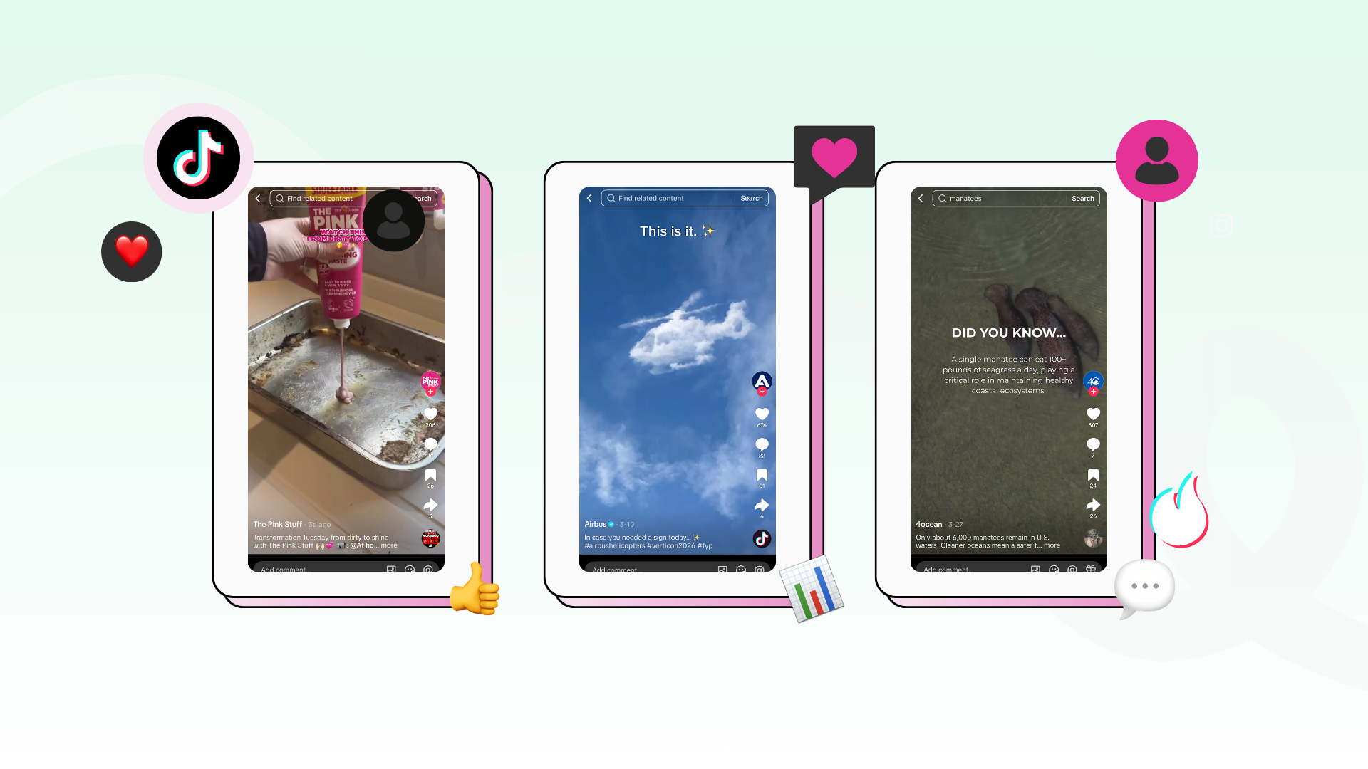 Three smartphone screens display different videos: the first shows a hand cleaning a kitchen sink, the second captures a sky with clouds shaped like a helicopter, and the third features a text overlay of an educational fact.