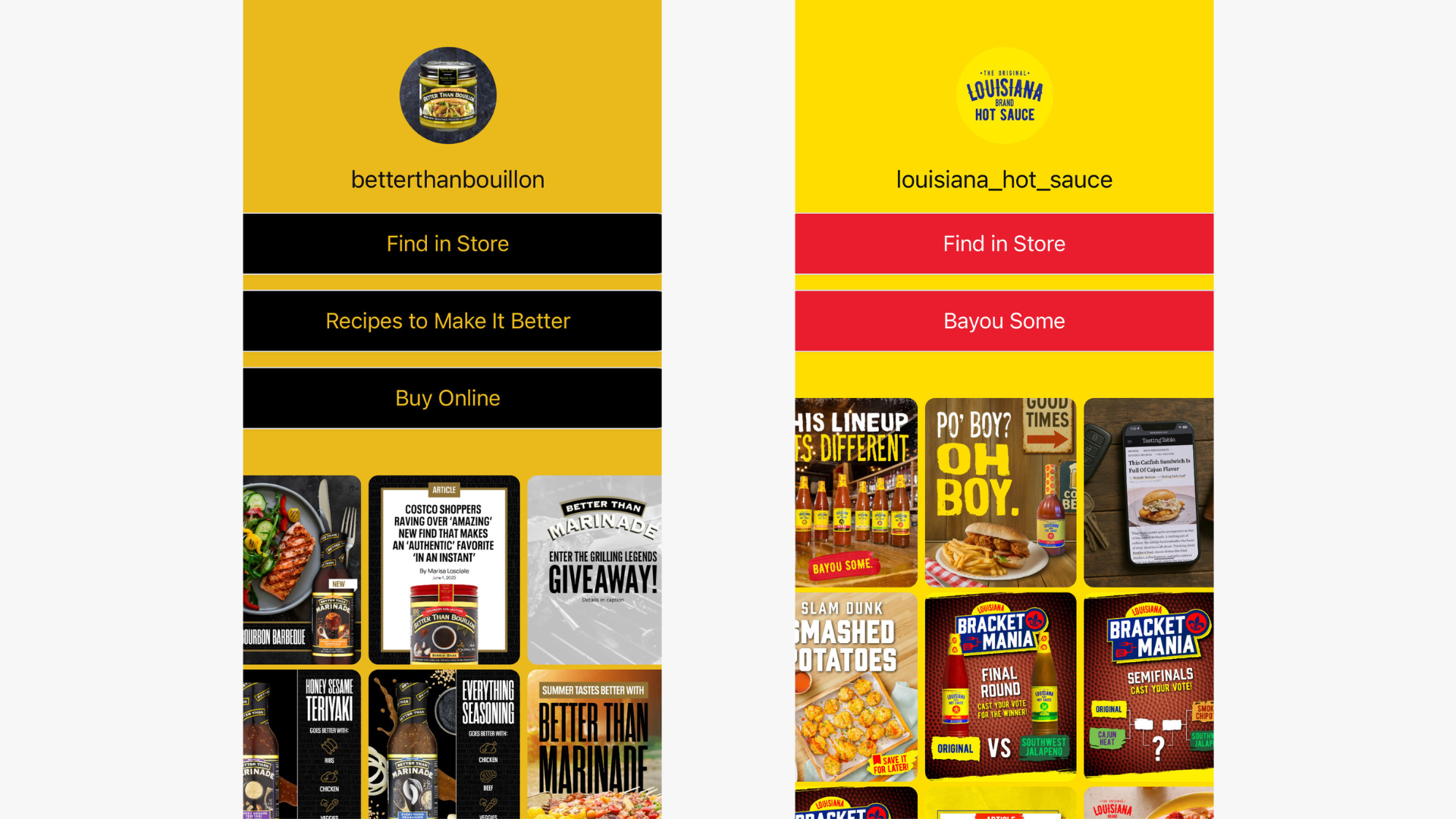Split-screen image showing two brand websites. The left side displays 'Better Than Bouillon' with options to find in store, recipes, and buy online, alongside product images. The right side features 'Louisiana Hot Sauce' with similar options and images of various hot sauce products.