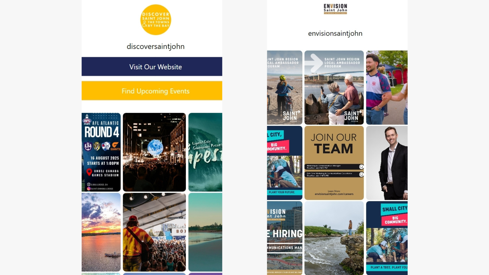 The image displays two columns of social media posts. The left column, from Discover Saint John, showcases various events, scenic views, and local activities. The right column, from Envision Saint John, includes promotional content, job opportunities, and community engagement images.